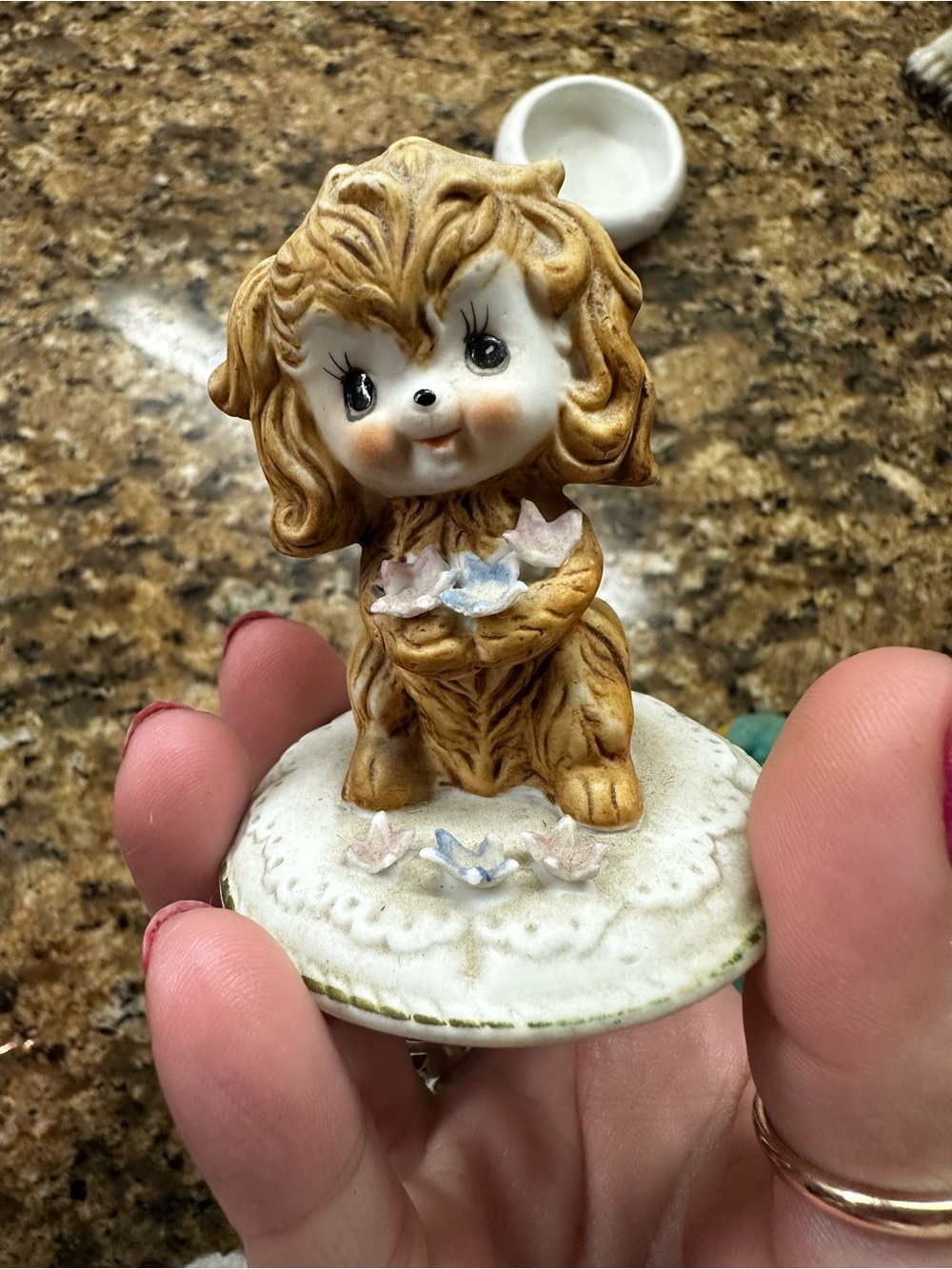 Vintage Big Eyed Porcelain Puppy Trinket Box | Attributed to Kelvin’s Collection